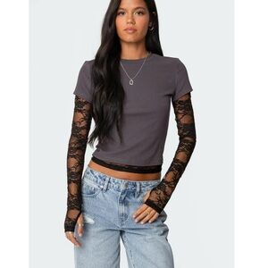 Gray Crop Top with Sheer Black Sleeves and Fitted Silhouette